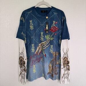 Christian Audigier Shirt Mens XXL 2fer Rose Rhinestone Y2K Tattoo Dip Dye 2XL